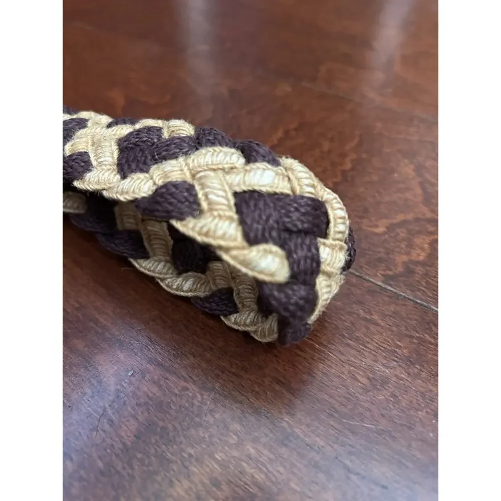 Vintage Braided Fiber and Leather Woven Belt in Brown and Tan with Metal Buckle